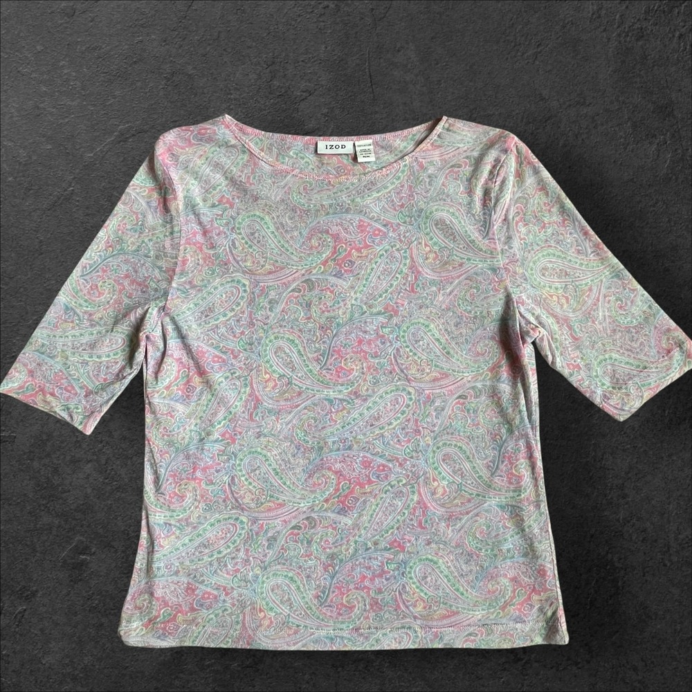 IZOD Women's Size M Paisley Print Mesh Knit 1/2 Sleeve Top Pastel Colors Lined